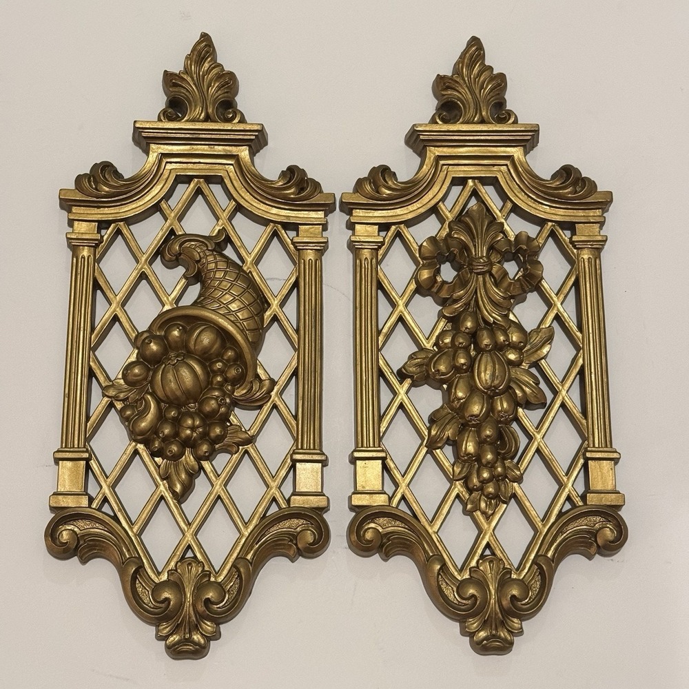 Vintage 1971 Dart 2 Gold Wall Plaques Cornucopia Grapes Hollywood Regency USA